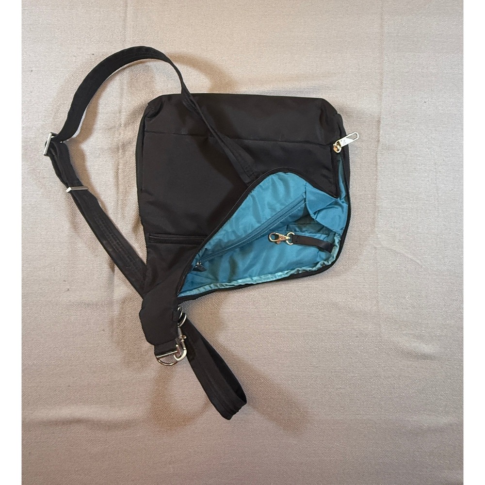 Travelon Anti-Theft Crossbody Bag Black Nylon Teal Lining Adjustable Strap Slim - Picture 8 of 8